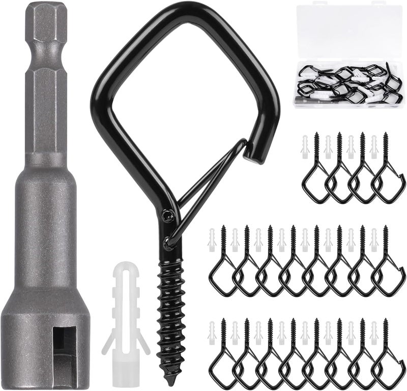 RELBRO Screw Hooks, 2.2 Inch Metal Q Hanger Hooks with Safety Buckle, Weatherproof, Heavy Duty, Black, 20 Pcs - Image 1